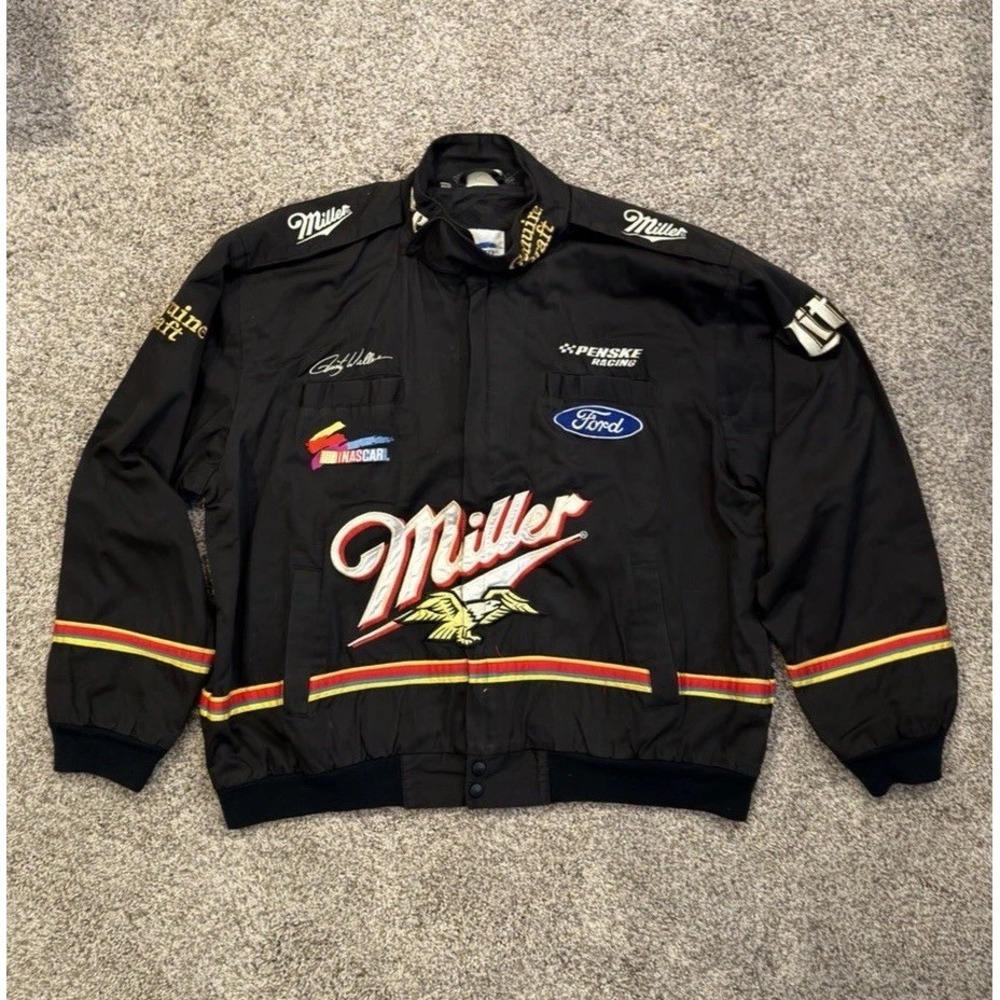 Vintage Miller Racing Jacket Rusty Wallace NASCAR Penske Ford Snap Front - XL